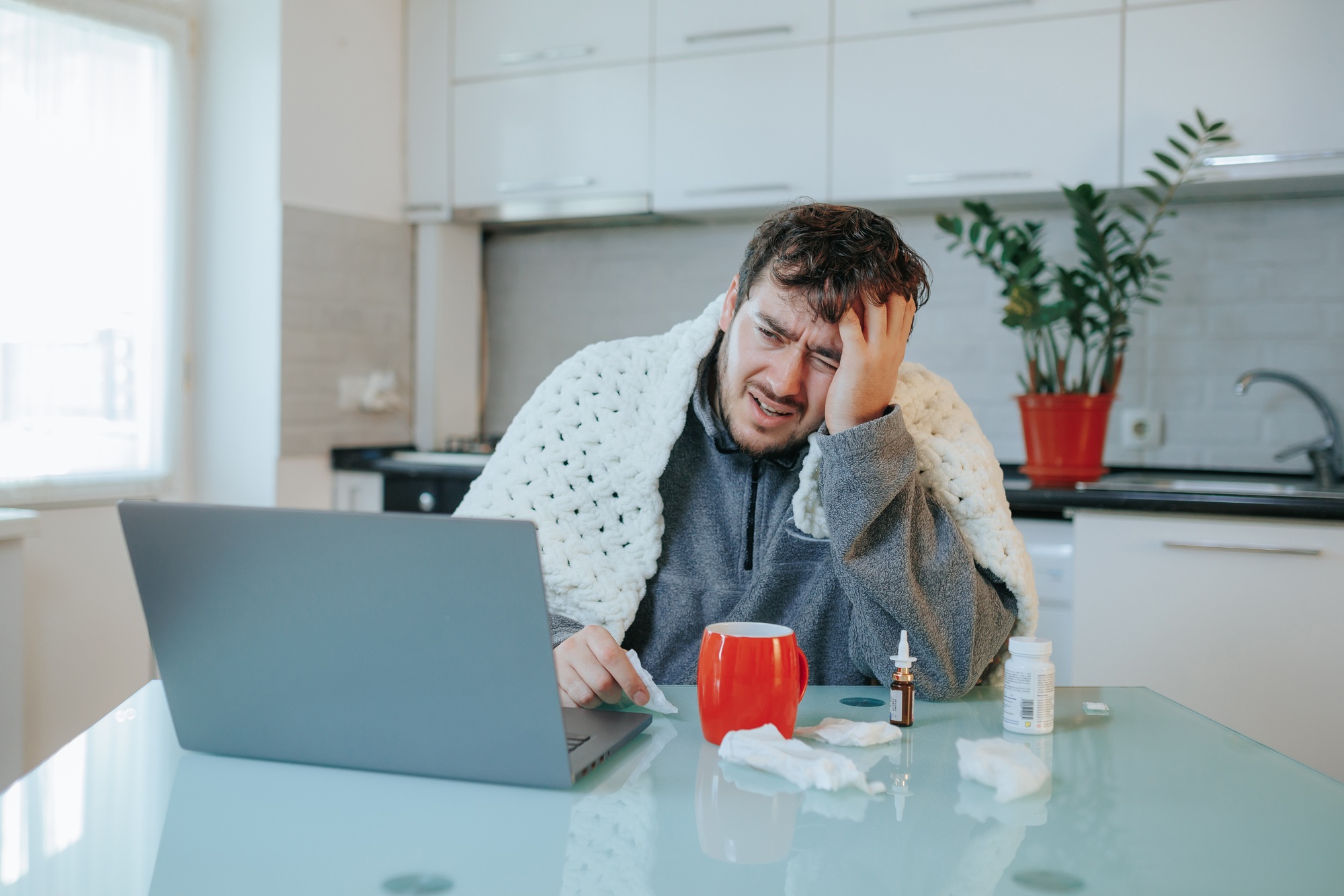 Ice Cold Isolation Saga Portrait of Unhappy Bearded Man Wrapped in Blanket