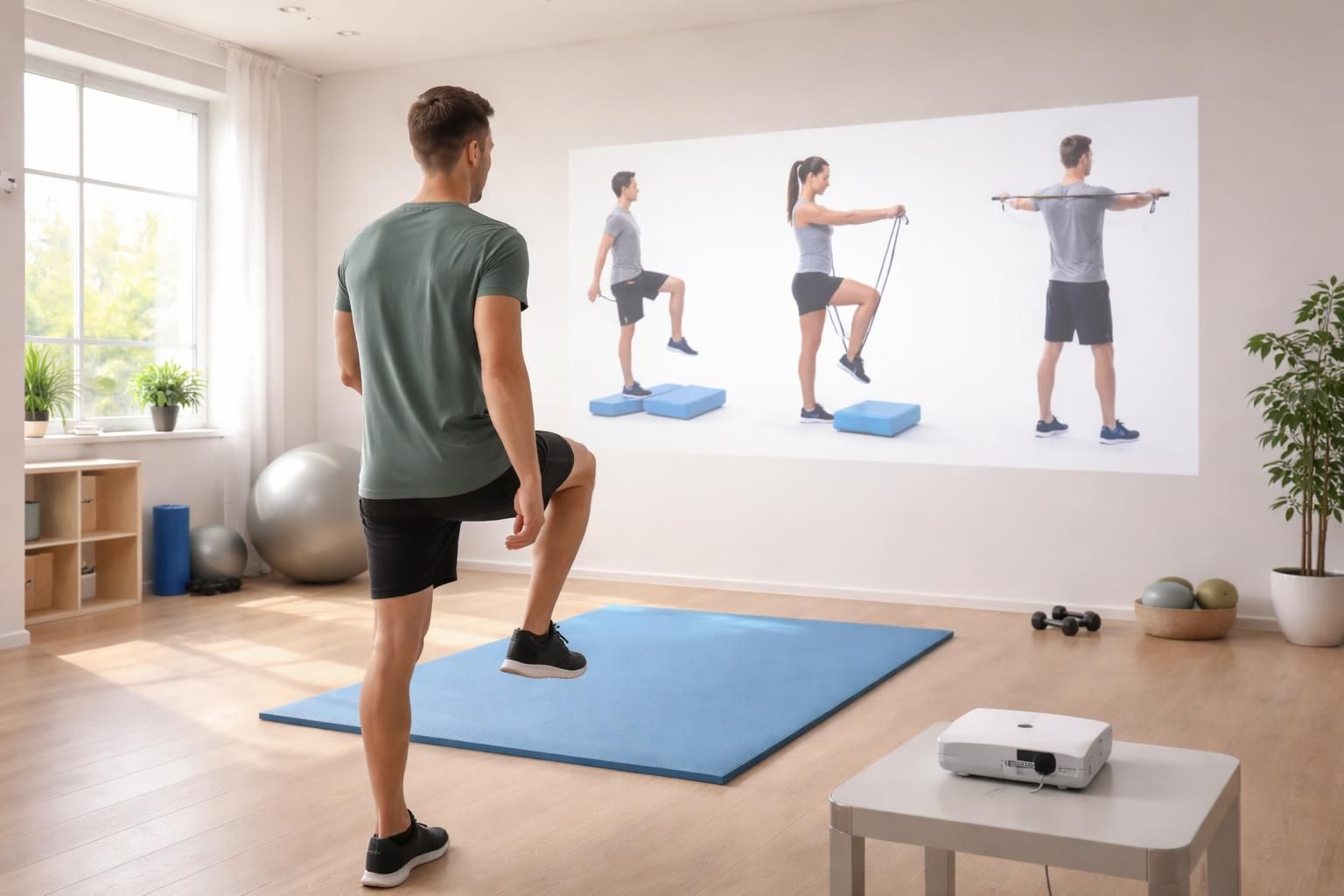 découvrez des exercices de kinésithérapie innovants projetés au mur grâce au mini vidéoprojecteur epson, alliant confort et technologie pour une rééducation optimale.