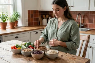 Femme enceinte du premier trimestre préparant une assiette équilibrée avec des légumes frais, légumineuses et céréales complètes dans une cuisine en bois naturel