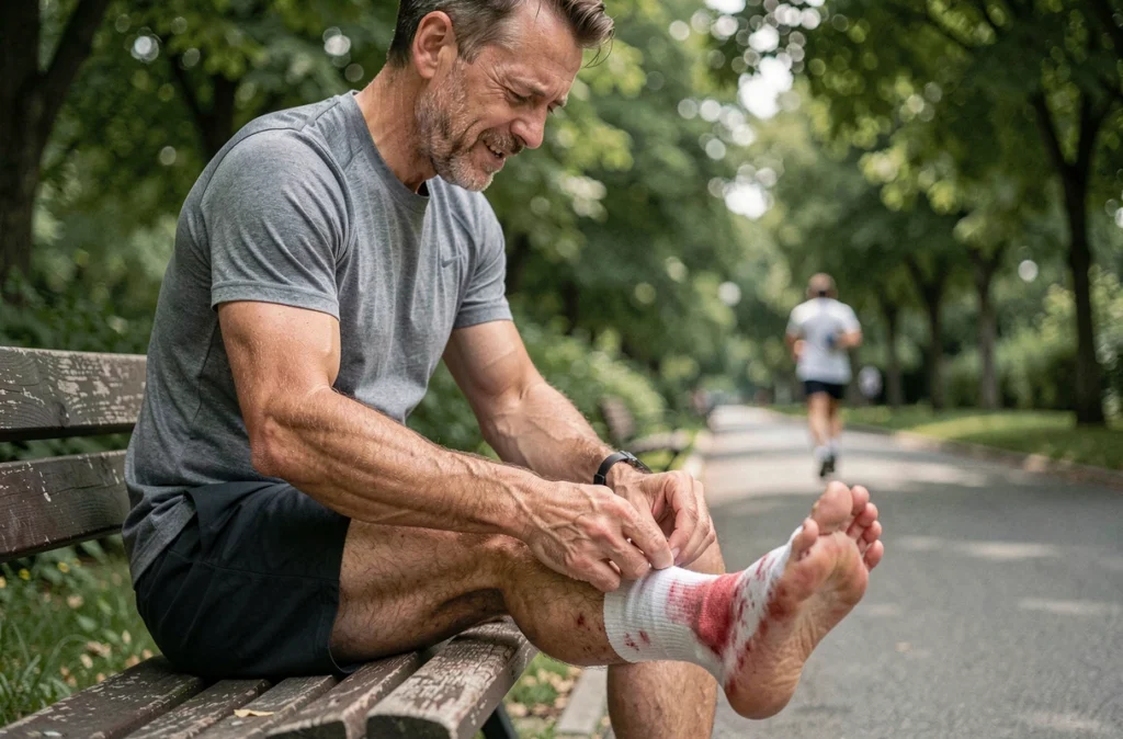 Homme soulagé retirant sa chaussure de course avec un pied irrité et douloureux dans un parc