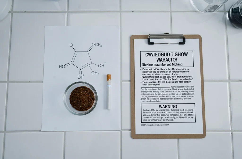 Mise en scène documentaire en laboratoire d'une cigarette Marlboro Light avec du tabac, des données chimiques et une étiquette d'avertissement à la nicotine sur fond blanc