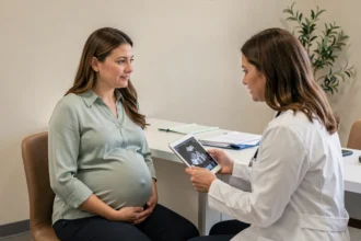 Femme enceinte en consultation prénatale avec sa gynécologue dans un cabinet médical moderne