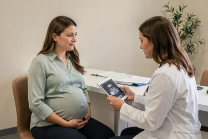 Femme enceinte en consultation prénatale avec sa gynécologue dans un cabinet médical moderne