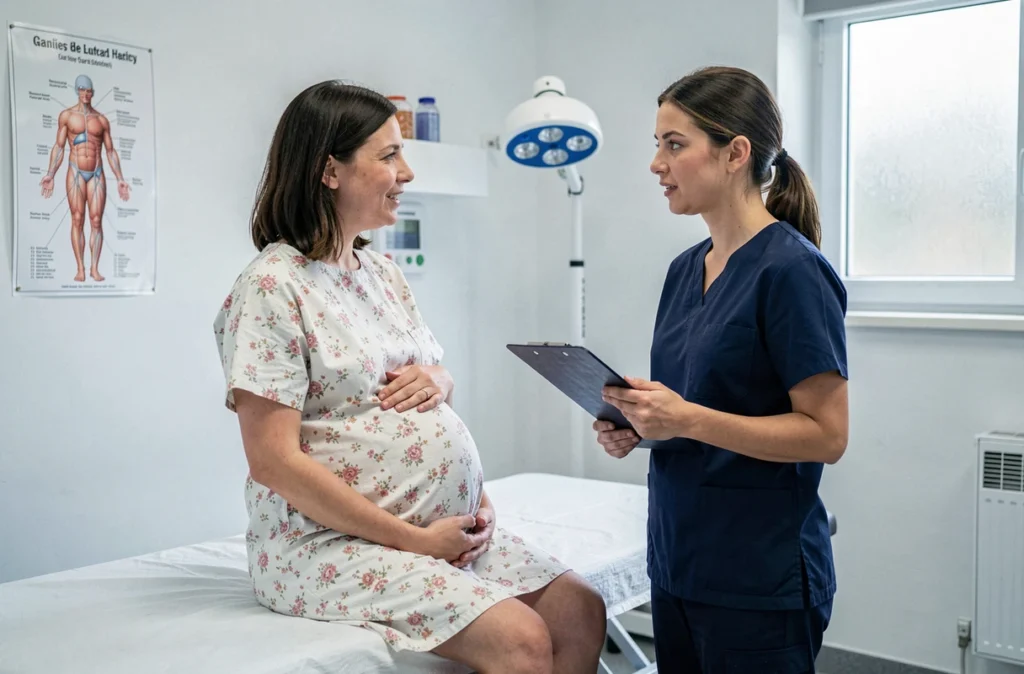 Femme enceinte en consultation prénatale avec une sage-femme dans une salle d'examen, discutant des signes d'approche de l'accouchement