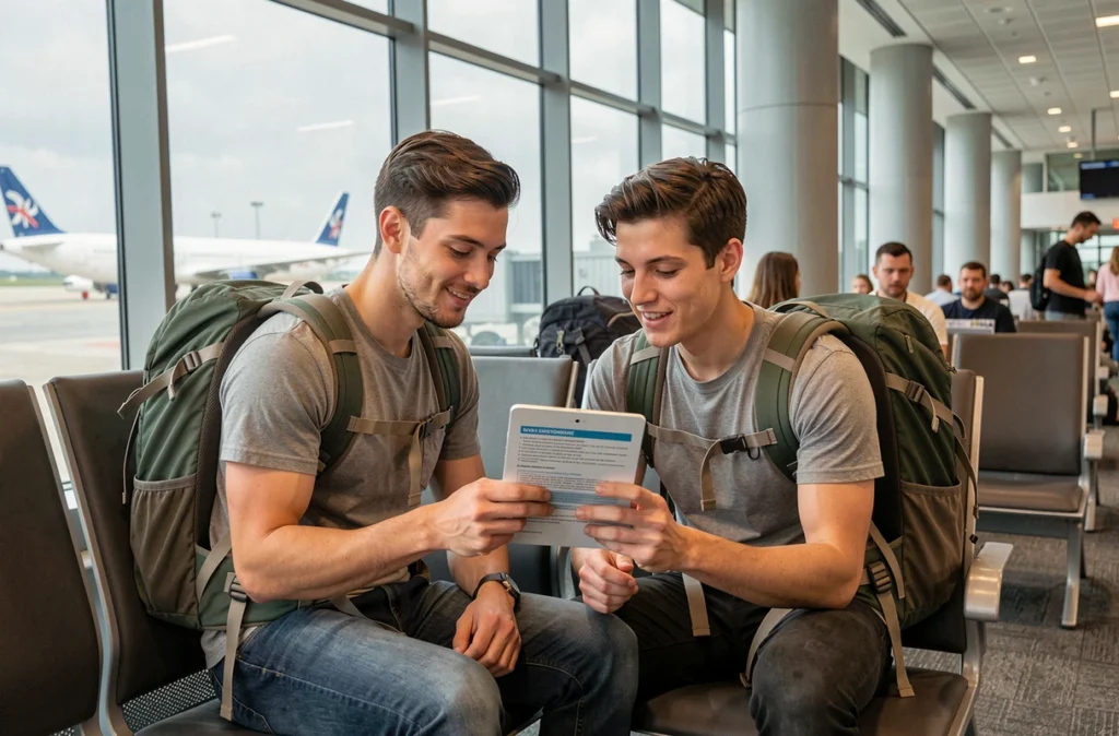 Couple de voyageurs consultant leur assurance voyage sur tablette dans le salon d'un aéroport avec avions en arrière-plan
