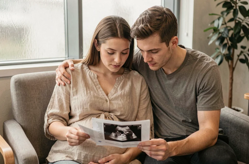 Couple de futurs parents consultant ensemble les résultats d'une échographie de datation en salle d'attente