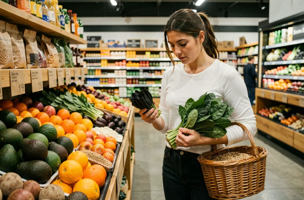 Femme enceinte faisant ses courses dans un marché bio, sélectionnant des épinards et des fruits riches en nutriments essentiels pour le premier trimestre