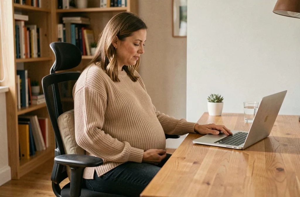 Femme enceinte utilisant un coussin lombaire ergonomique pour prévenir les douleurs du dos au bureau