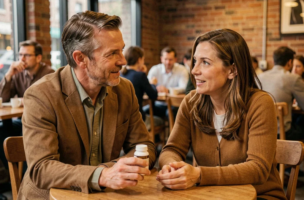 Couple discutant d'un complément alimentaire minceur dans un café urbain, expression curieuse et naturelle