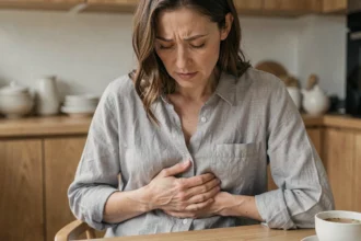 Femme tenant son abdomen à une table de cuisine, illustrant la douleur intestinale liée aux émotions refoulées et aux diverticules