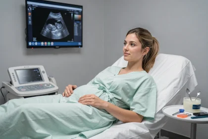 Femme enceinte allongée sur une table d'examen lors d'une échographie de datation en cabinet médical