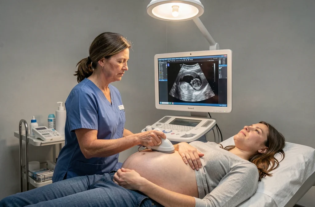 Échographiste réalisant une échographie de datation sur une patiente enceinte avec affichage du sonogramme
