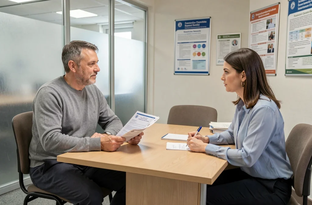 Homme en situation d'invalidité en entretien avec une assistante sociale dans un bureau administratif pour une demande de dispense de recherche d'emploi
