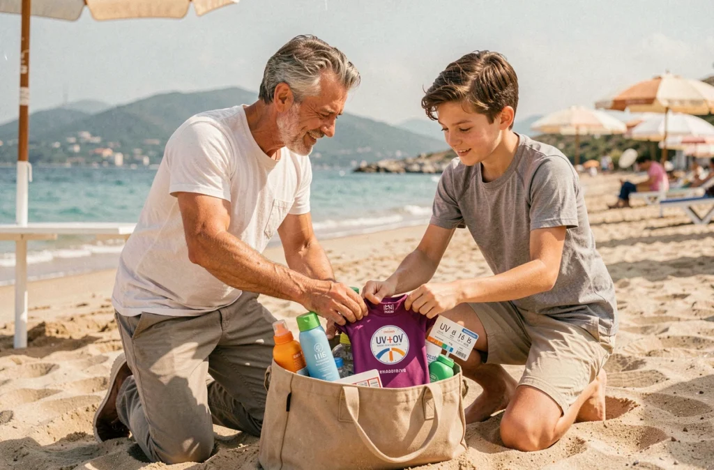 Famille se préparant à la plage méditerranéenne en rassemblant des produits de protection solaire par fort indice UV