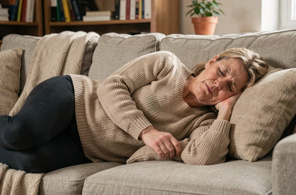 Femme allongée sur un canapé tenant son ventre, évoquant la fatigue chronique et les douleurs digestives liées aux émotions non exprimées et aux diverticules intestinaux