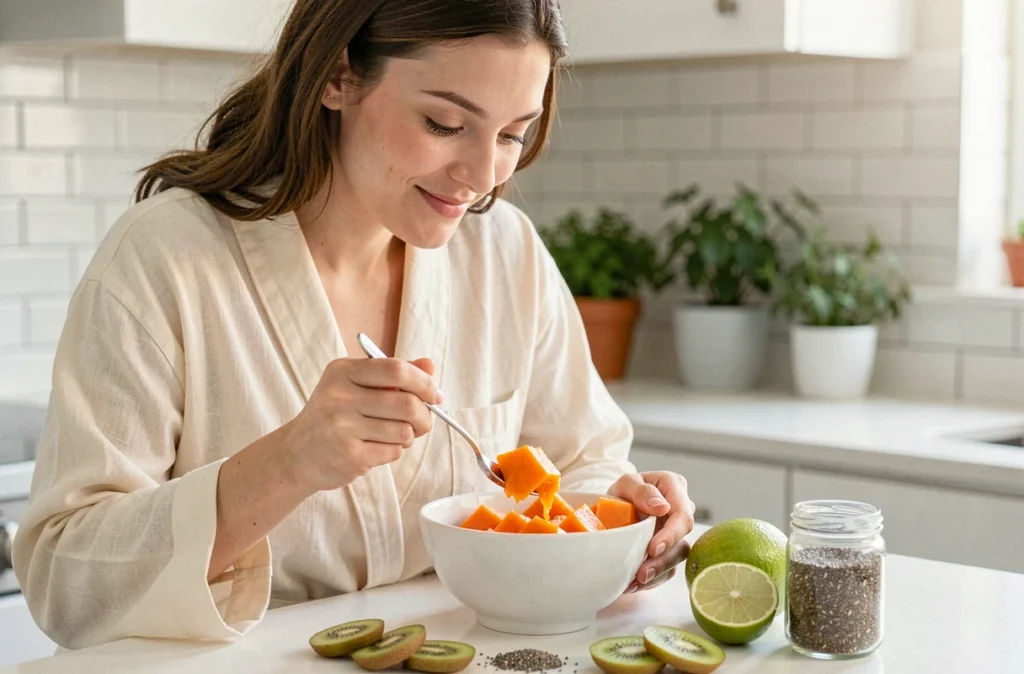 Femme préparant un bol de papaye avec graines de chia et kiwi dans une cuisine lumineuse
