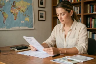 Femme consultant ses documents de santé voyage et carnet de vaccinations à son bureau avec passeport et billets d'avion