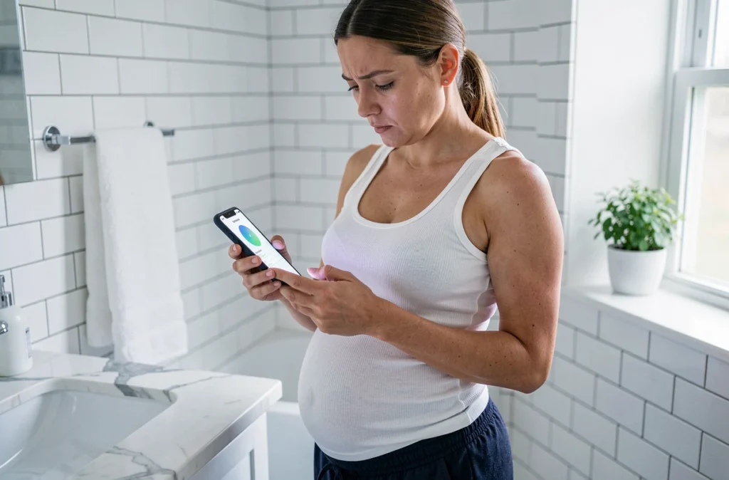 Femme enceinte dans une salle de bain consultant une application de chronométrage des contractions sur son smartphone, signe imminent d'accouchement