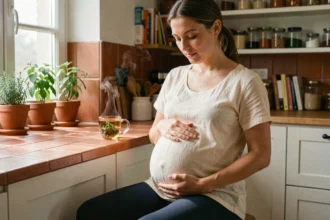 Femme enceinte au troisième trimestre assise dans sa cuisine, tenant son ventre avec les deux mains, illustrant les changements hormonaux de la grossesse