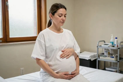 Femme enceinte à terme assise sur une table d'examen en salle de maternité, mains posées sur le ventre, regard serein