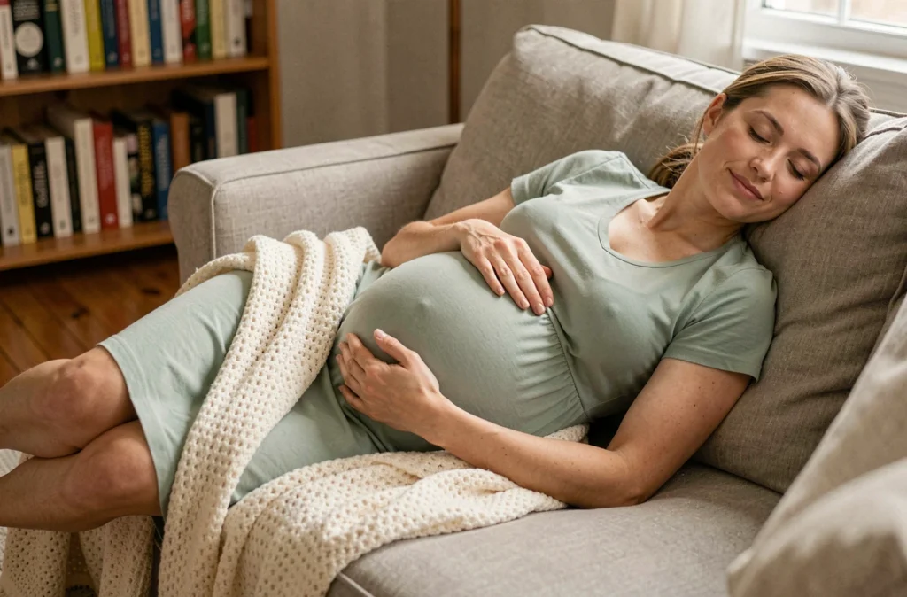 Femme enceinte au repos sur un canapé à domicile, main sur le ventre, dans une atmosphère sereine en fin de grossesse
