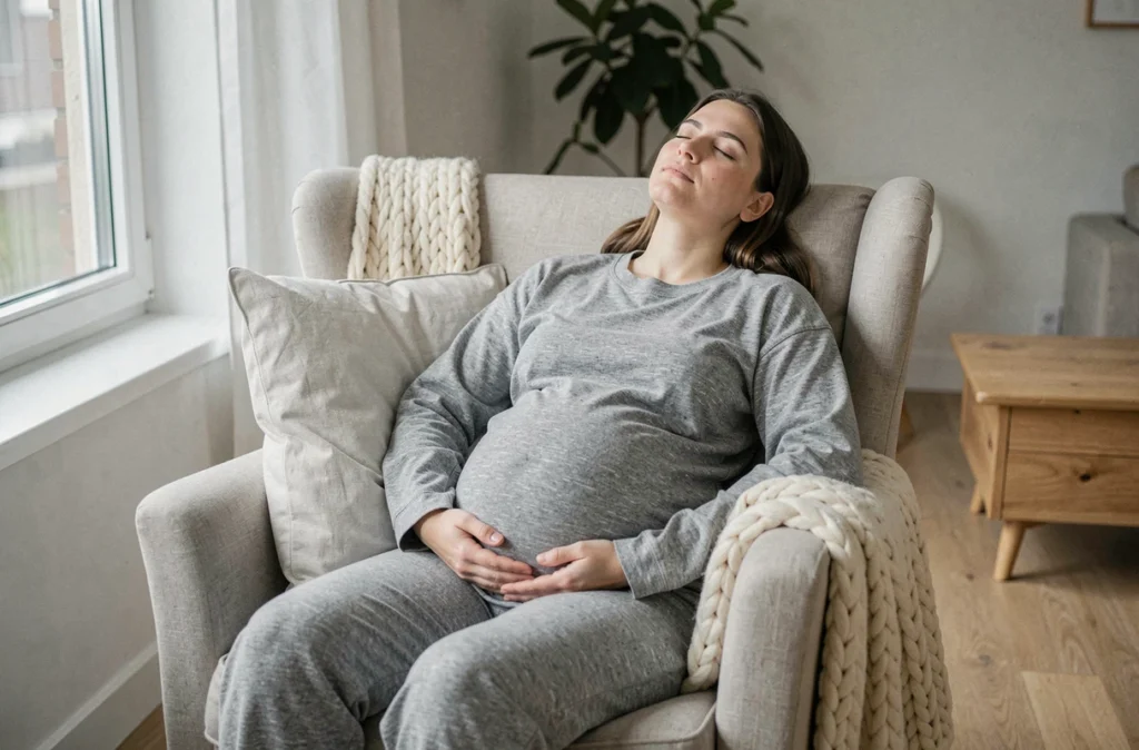 Femme enceinte assoupie dans un fauteuil confortable avec un coussin de grossesse dans un salon lumineux et épuré