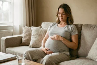 Femme enceinte en fin de grossesse assise sur un canapé, les mains sur le ventre, reconnaissant les signes avant-coureurs de l'accouchement