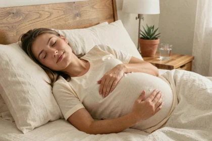 Femme enceinte qui se repose paisiblement allongée sur le côté dans une chambre cosy, les mains posées sur son ventre arrondi