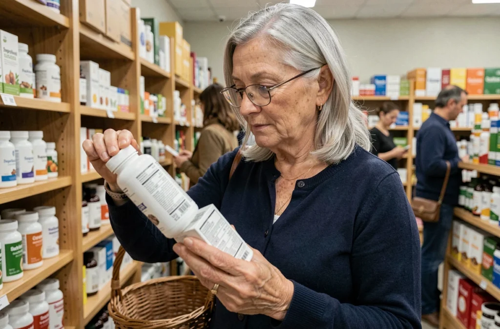 Femme âgée lisant attentivement l'étiquette d'un complément alimentaire en pharmacie avant de modifier ses habitudes santé