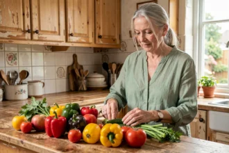 Femme de 70 ans préparant des légumes frais dans une cuisine familiale pour une alimentation équilibrée