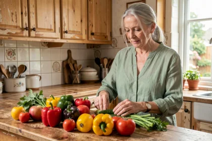 Femme de 70 ans préparant des légumes frais dans une cuisine familiale pour une alimentation équilibrée
