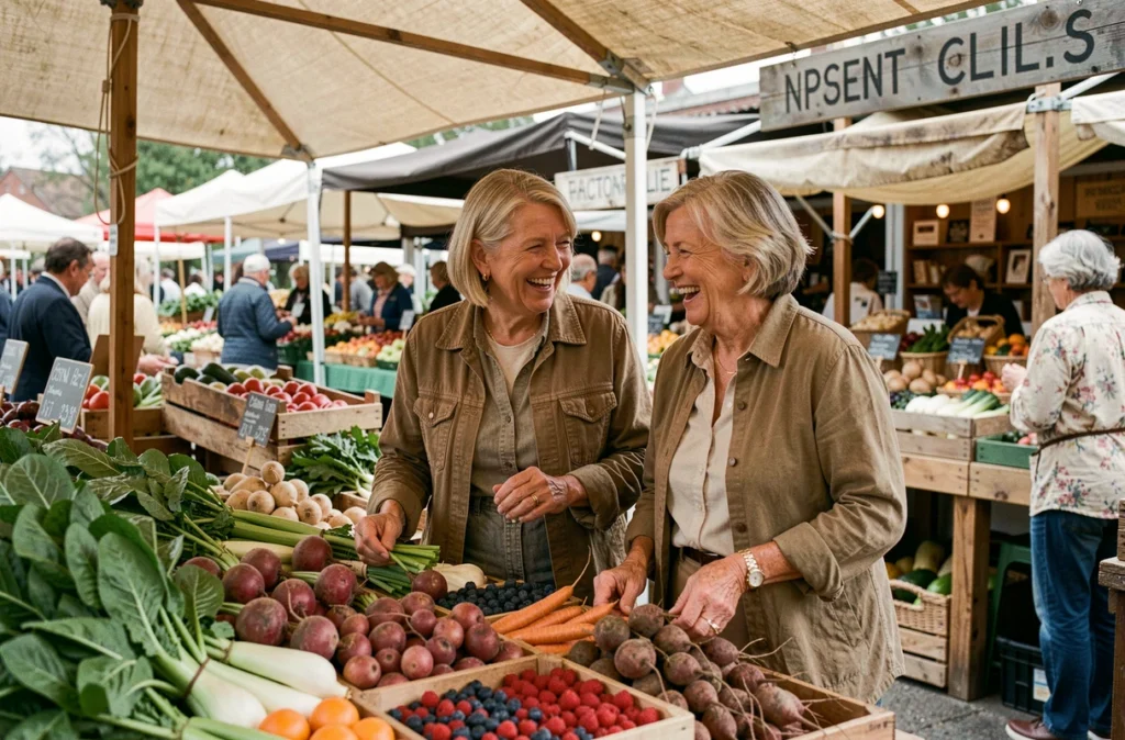 Deux femmes seniors choisissant des légumes frais au marché pour une alimentation saine après 70 ans
