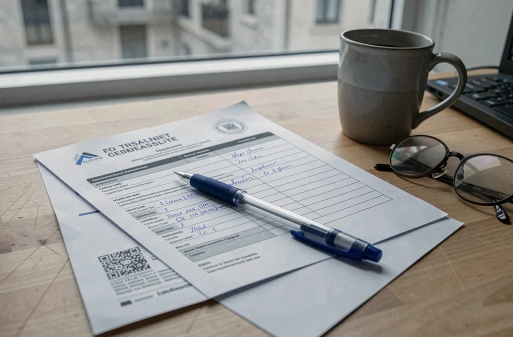 Gros plan sur des formulaires administratifs de reconnaissance d'invalidité remplis à la main sur un bureau, avec un stylo et un certificat médical