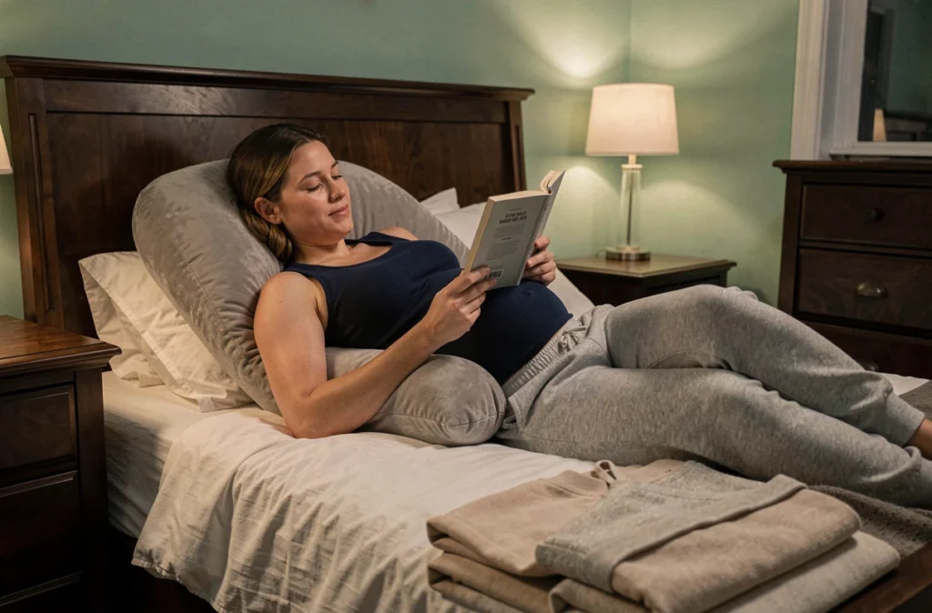 Future maman détendue sur son lit avec un coussin de grossesse en U en train de s'endormir en lisant dans une chambre apaisante