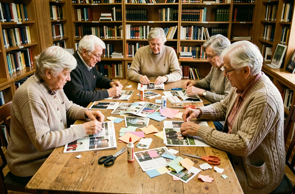 Groupe de seniors participant à un atelier de collage artistique pour améliorer la mémoire et le lien social