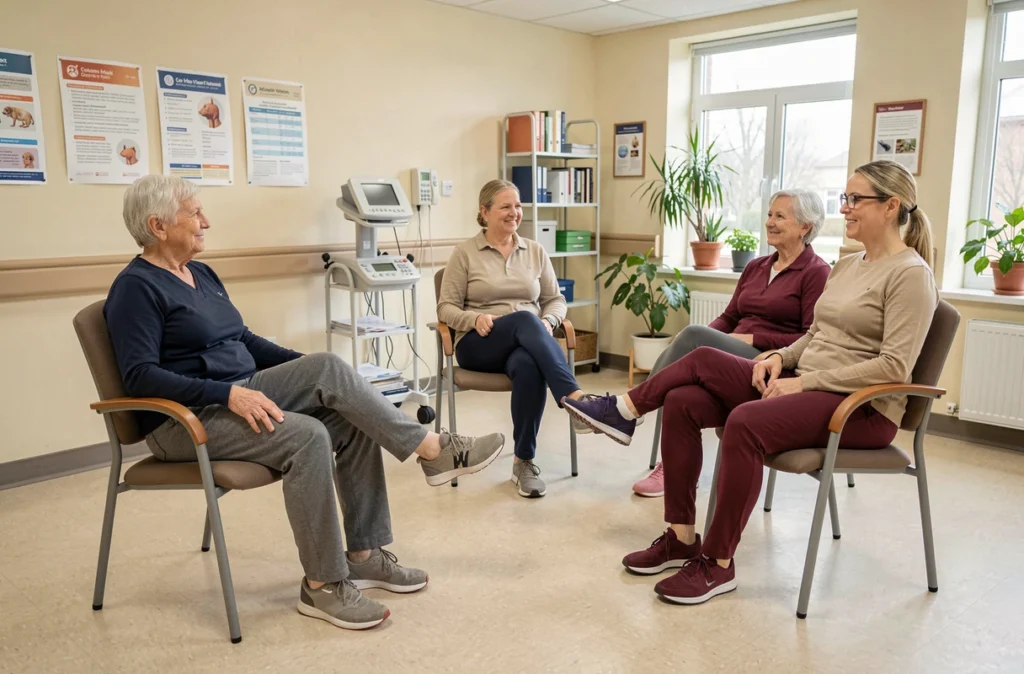 Groupe de seniors réalisant des exercices de renforcement musculaire assis sous la supervision d'une physiothérapeute dans un centre de rééducation