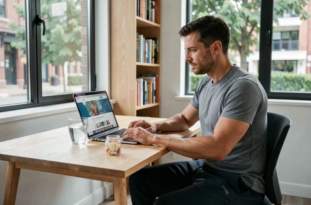 Homme consultant le site Vitalsan.fr sur un ordinateur portable avec des compléments alimentaires posés sur son bureau