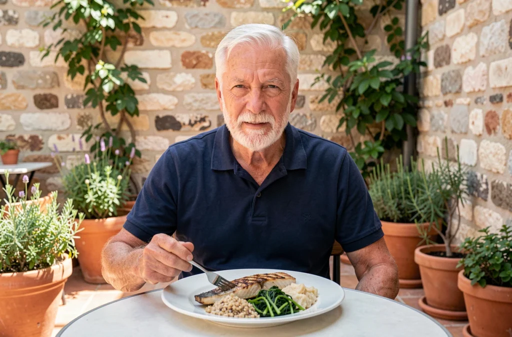 Homme senior dégustant un repas sain et équilibré en terrasse méditerranéenne pour maintenir sa vitalité