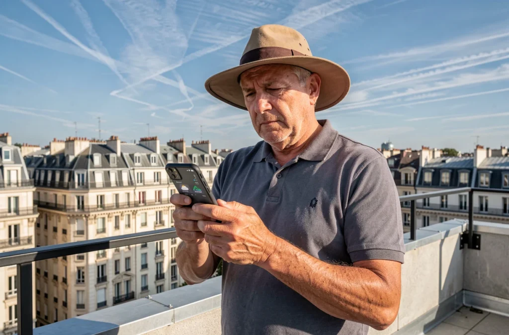 Homme vérifiant l'indice UV sur son smartphone depuis une terrasse avec vue sur les toits d'une ville française