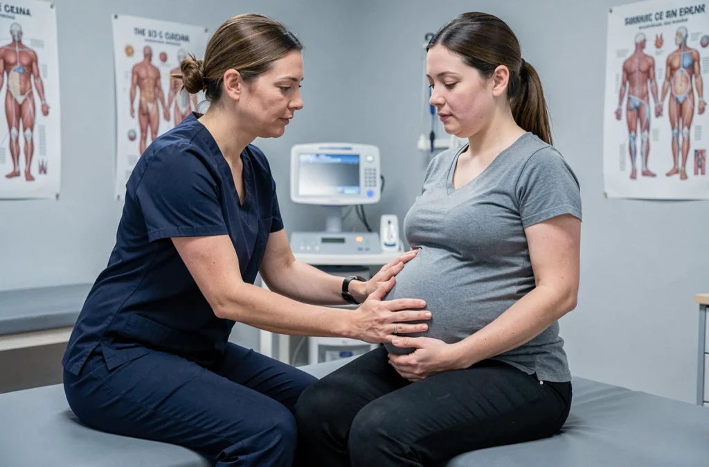 Kinésithérapeute guidant une femme enceinte pour prévenir les douleurs lombaires pendant la grossesse