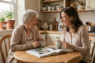 Une femme âgée et une femme plus jeune partagent un moment de complicité autour d'un album photo dans une cuisine familiale chaleureuse
