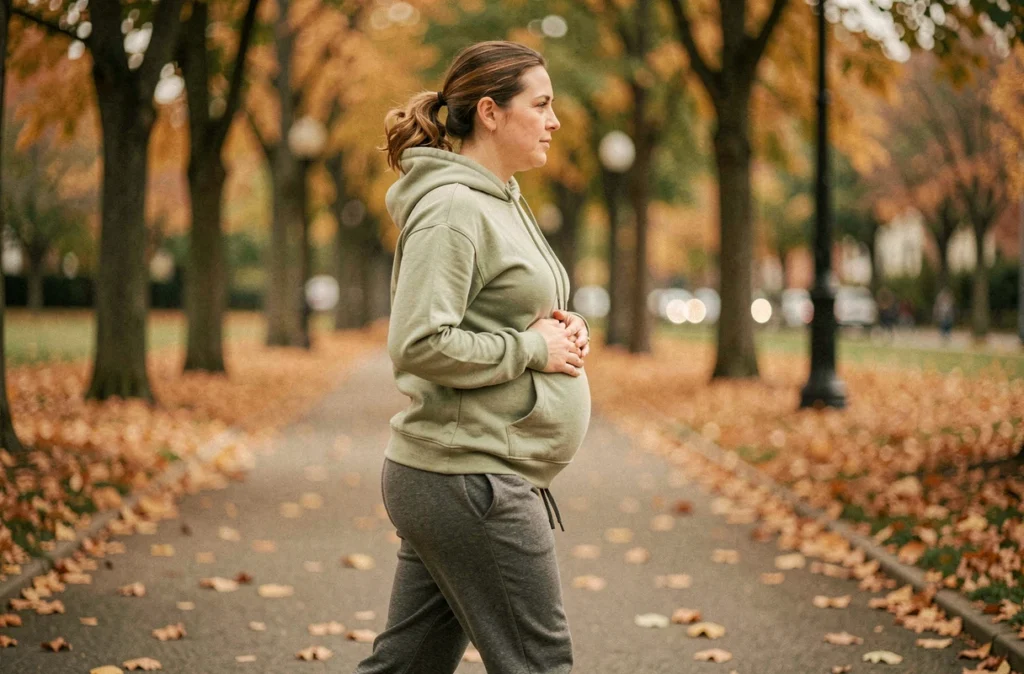Femme enceinte marchant dans un parc en automne pour une activité physique adaptée à la grossesse