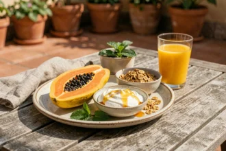 Petit-déjeuner énergisant avec papaye fraîche, yaourt grec et granola sur une table en bois en terrasse