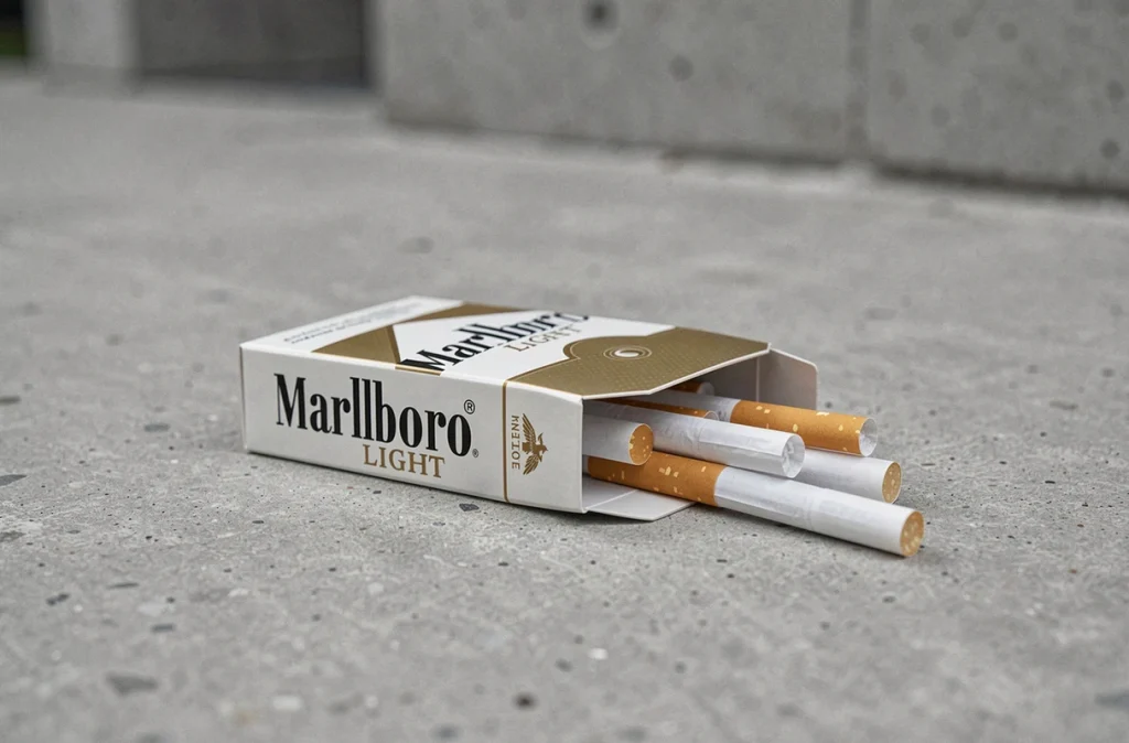Paquet de cigarettes Marlboro Light ouvert sur béton avec plusieurs cigarettes sorties, montrant le design du packaging blanc et or caractéristique