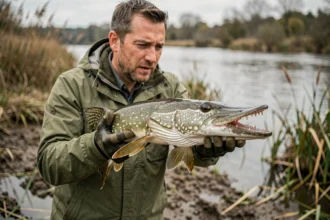 Pêcheur tenant un grand brochet aux dents acérées, illustrant le risque de morsure lors de la manipulation du poisson