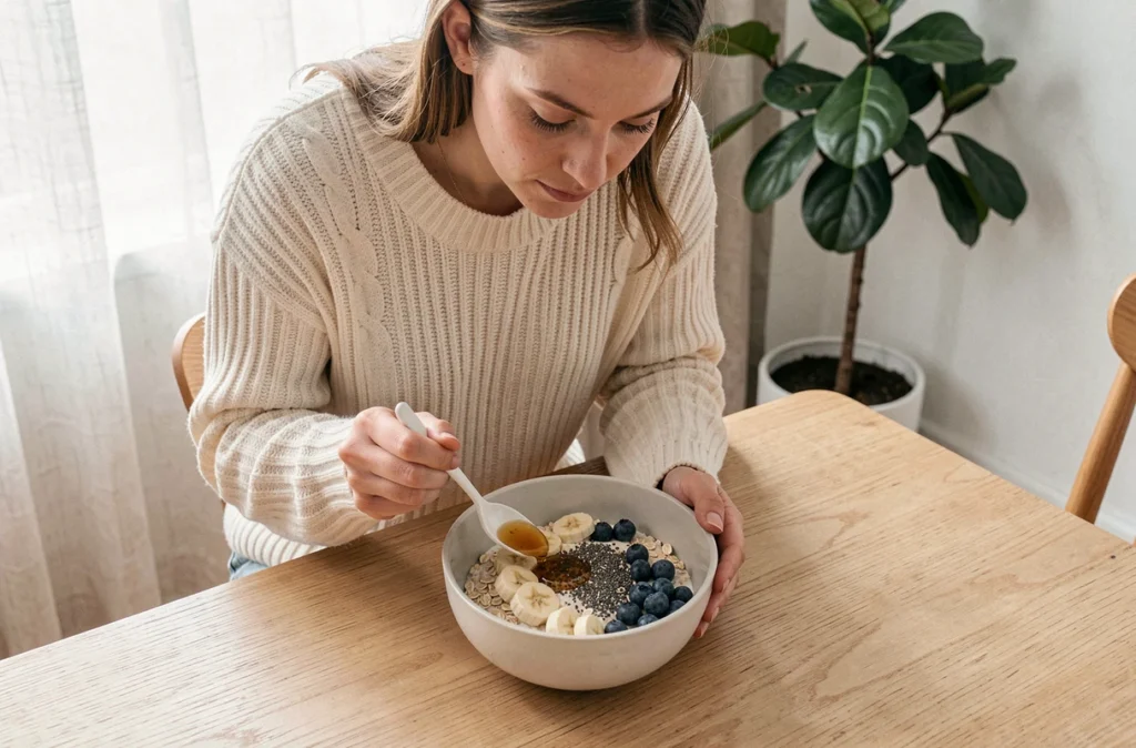 Bol de petit-déjeuner nutritif avec flocons d'avoine, fruits frais et graines de chia, préparé par une femme enceinte pour couvrir ses besoins nutritionnels au premier trimestre