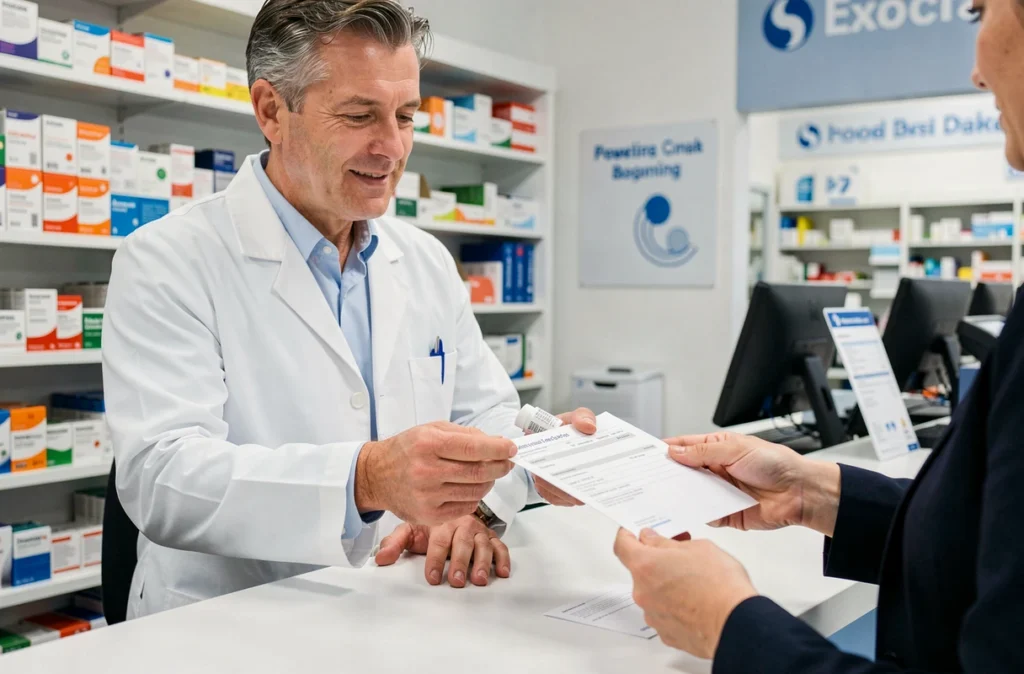 Pharmacien remettant une ordonnance et un kit santé voyage à un client au comptoir d'une pharmacie