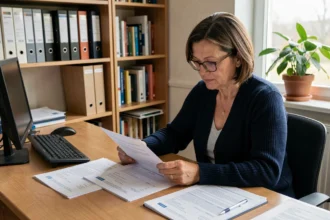 Femme d'une cinquantaine d'années examinant des documents administratifs liés à une reconnaissance d'invalidité catégorie 2 dans un bureau calme