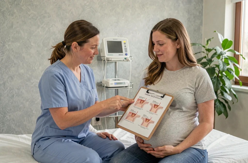 Sage-femme expliquant les stades de dilatation du col à une femme enceinte avec un diagramme médical