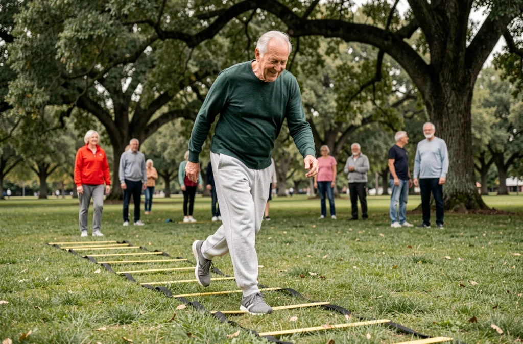 Homme âgé participant à une séance d'activité physique adaptée en plein air dans un parc, exercice de coordination sur échelle d'agilité